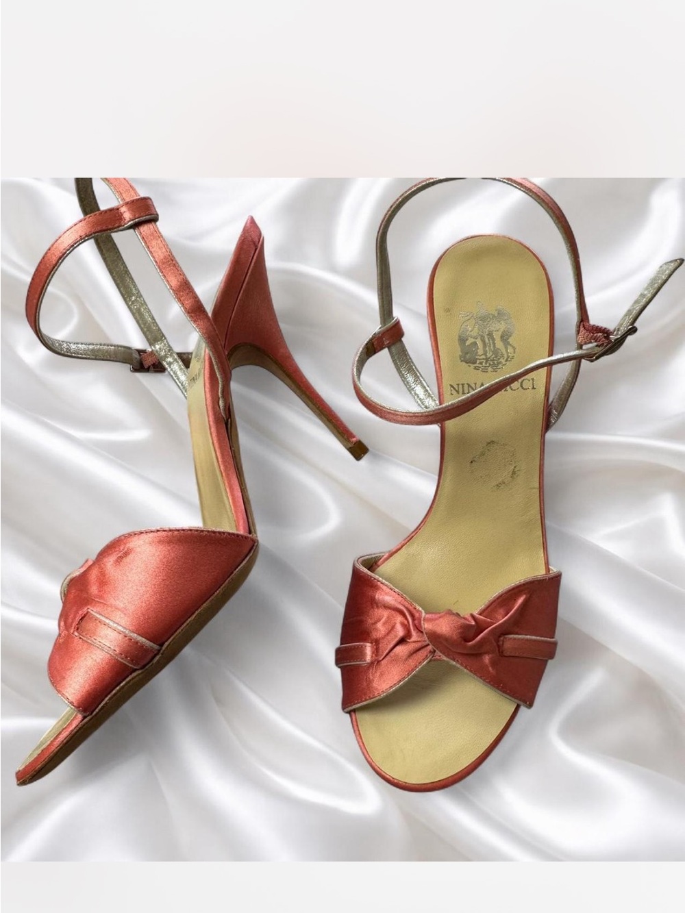 Nina Ricci Coral Satin Bow High Heel Sandals vintage size 39